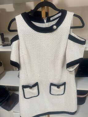 White Tweed Cold-Shoulder Mini Dress with Black Trim